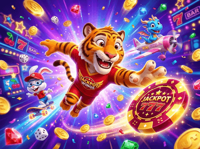 Interfaz colorida de casino con máquinas tragamonedas y luces neón
